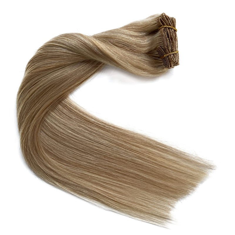 Ubetta Clip in Hair Extensions, Blonde Highlights Real Human Hair Clip ins 15 Inch Silky Straight Double Weft Remy Hair Extensions Clip on 7 Pieces 70G 2 Sets Full Head for White Women - Image 5